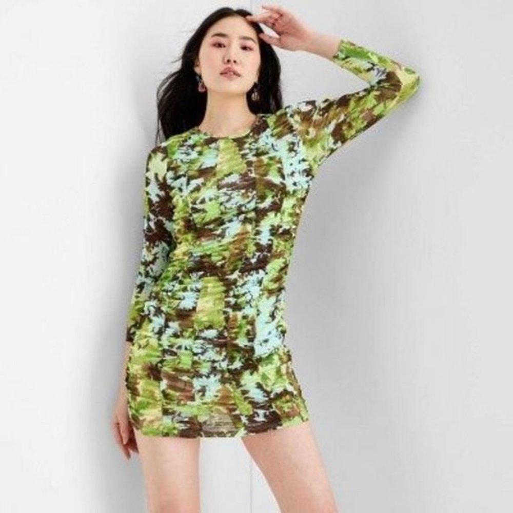 Future Collective Green Floral Print Long Sleeve Ruched Front Mini Dress Sz L